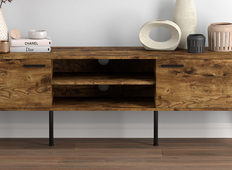 Meuble pour téléviseur durable de 71 po en bois avec 2 portes fermées et 2 tablettes - bois recyclé brun