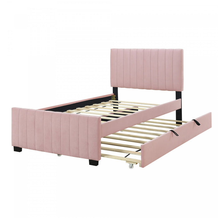 Lit plateforme Ethan rembourre en velours, gain de place, avec tiroir gigogne, taille simple, rose