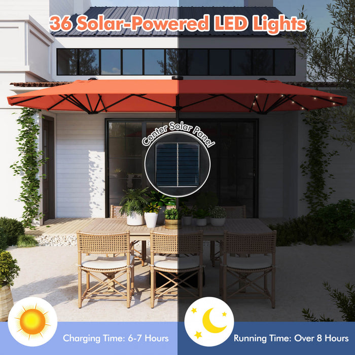 Costway Parasol de patio double face de 13 pieds avec lumieres solaires, manivelle, base de parasol orange