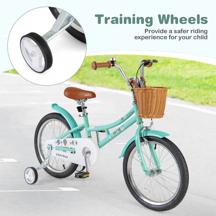 Costway 18\" Velo Pour Enfants Avec Guidon Reglable En Hauteur Siege Panier Cloche Roues D'entrainement Vert