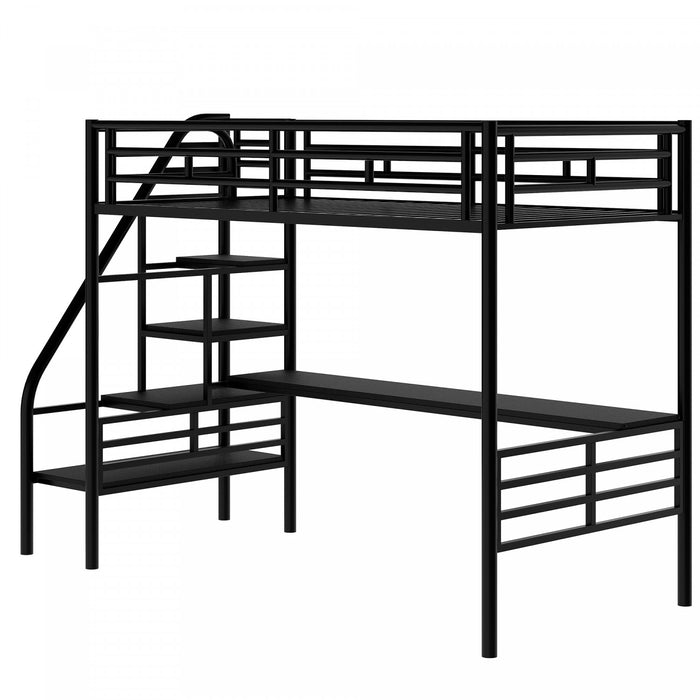Cherry – Lit Mezzanine Simple En Metal, Design Compact Avec Bureau Et Eclairage Del – Noir