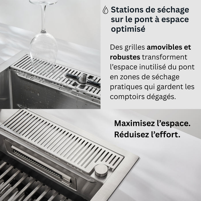Evier poste de travail MultiSINK 45 po, double pose, 3 niveaux, robinets, rince-verre, inox - J-WP30