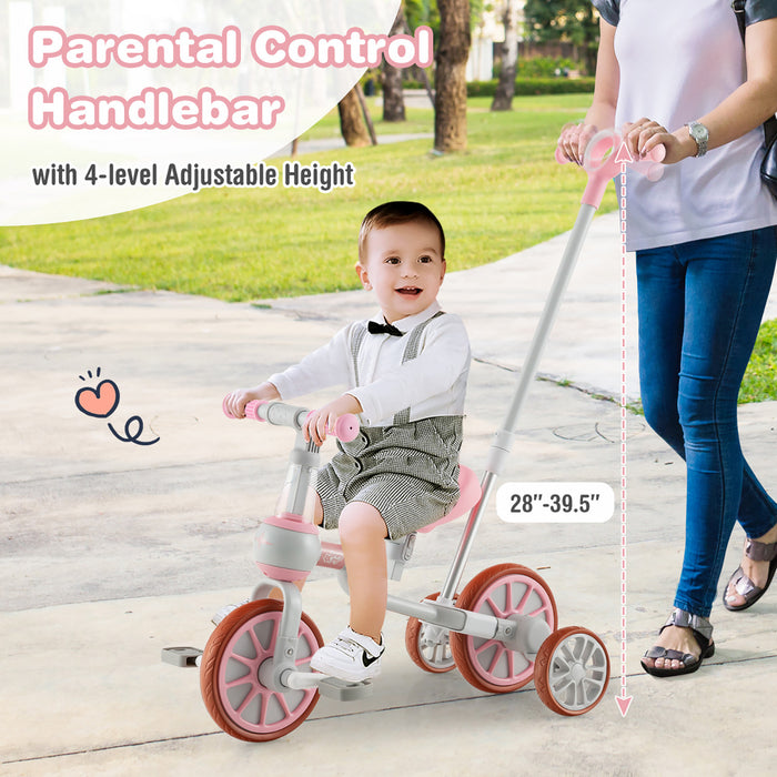 Costway 4 En 1 Enfants Tricycles Avec Poignee De Poussee Et Roues D'entrainement Bebe Equilibre Velo Rose
