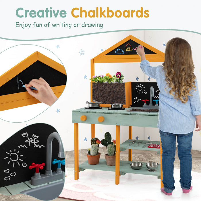 Costway Kids Kitchen Playset Cuisine De Boue Exterieure Avec Planteur De Visionnaire De Racine Evier Amovible