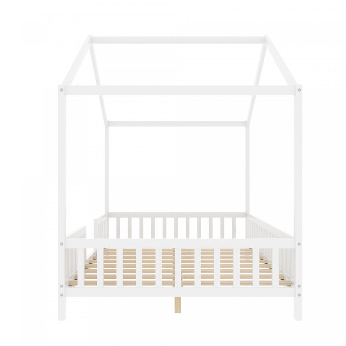Paul Lit Montessori au sol avec baldaquin et barrieres hautes, Taille Double, Blanc