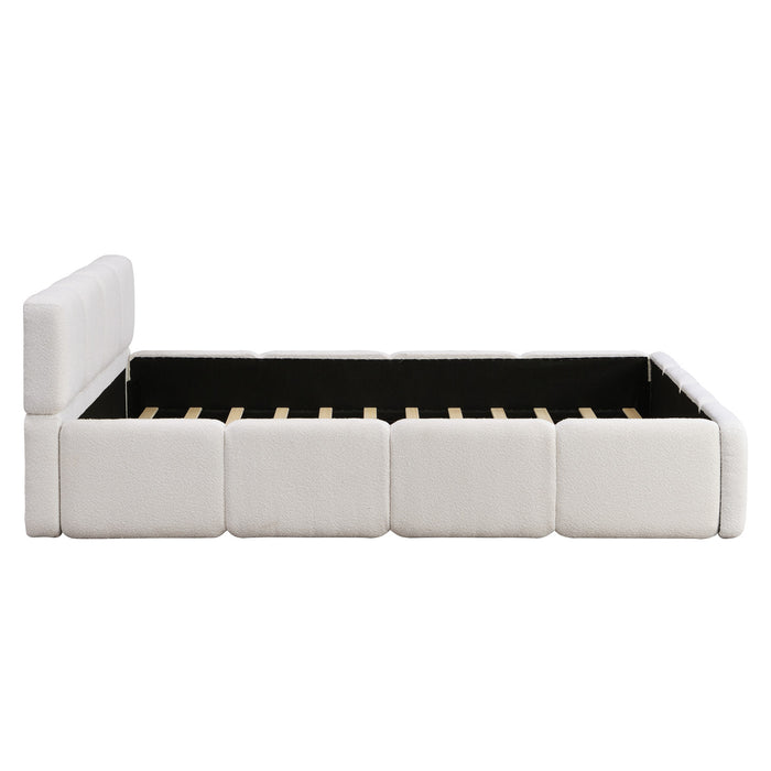 Lit plateforme Aiden avec cadre rembourre de soutien en tissu boucle, taille Queen, blanc