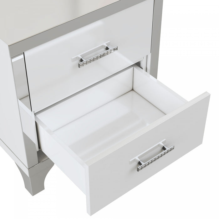 Sophia table de chevet laquee brillante avec 2 tiroirs et poignees en metal, blanc
