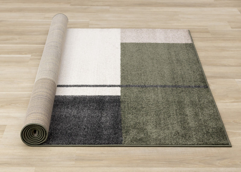 Carpette moderne Marley verte, grise et blanche à motif géométrique - 5 pi 3 po x 7 pi 7 po