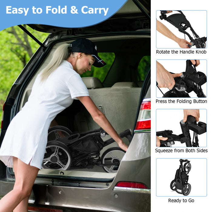 Chariot De Golf Pliable A 3 Roues, 4 Positions De Hauteur Reglables, Chariot De Golf Leger, Chariot De Golf En Aluminium Avec Porte-ombrelle Reglable, Sac Etanche, Glaciere Integree, Frein A Pied, Ouverture Et Fermeture Rapides.