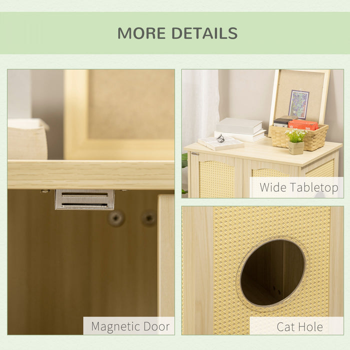 Pawhut Bac A Litiere Pour Chat Avec Coussin Souple, Banc De Rangement, Table D'extremite Avec Bordure En Rotin, Structure En Bois, Portes Magnetiques, Montage Facile, Chene