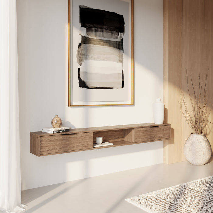 Meuble pour téléviseur mural mince Nordika de 72 po avec 2 armoires de rangement - noyer clair