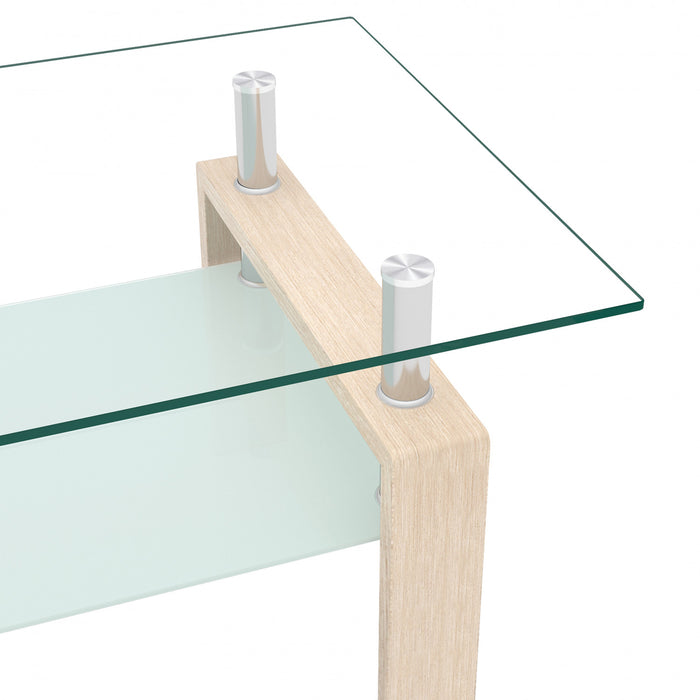 Table basse moderne rectangulaire en verre trempe transparent Liam, finition chene