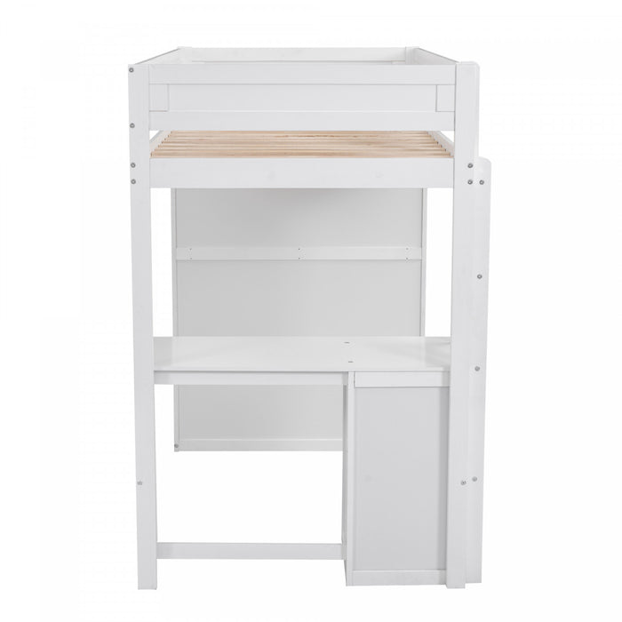 Lit Mezzanine En Bois Massif Jeffrey Avec Armoire, Bureau Et Tiroirs, Blanc