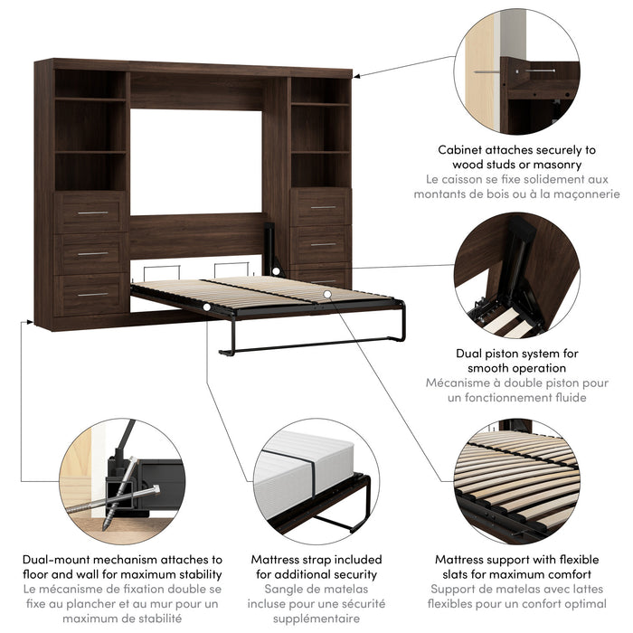 Lit double escamotable Pur de Bestar de 109 po avec 2 meubles à tablettes et tiroirs - noyer noir