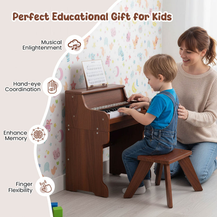 Costway Piano Numerique 25 Touches avec Pupitre, Tabouret, Touches Retroeclairees et Mode Enseignement pour Enfants des 3 Ans - Marron