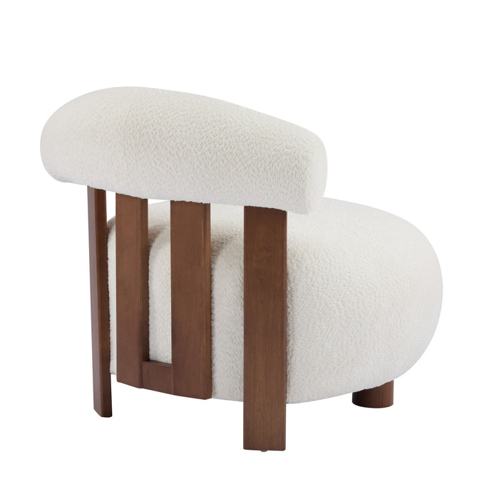 Nube Fauteuil d'Appoint Moderne en Bouclette a Dossier Courbe et Quatre Pieds, Blanc Casse, Noyer