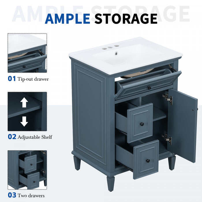 Vivo Meuble-Lavabo Simple 24 po avec Tiroir Bascule et Pieds en Bois Massif, Bleu Gris