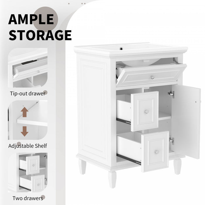 Vivo Meuble-Lavabo Simple 24 po avec Tiroir Bascule et Pieds en Bois Massif, Blanc