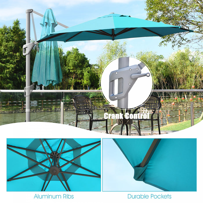 Costway Parasol deporte 11ft pour terrasse a rotation cantilever, aluminium, inclinable, base croisee, turquoise