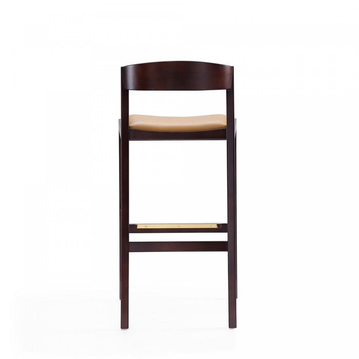 Tabouret de bar en bois rembourre style Klismos mi-siecle moderne, coloris camel - Lot de 2