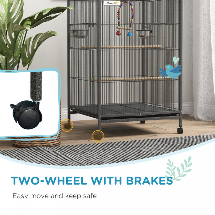 Pawhut Cage A Oiseaux 29\" Avec Support Roulant Pour Perroquets Et Pinsons, Grande Cage A Oiseaux Avec Balancoire Coloree, Bols En Acier Inoxydable, Plateau Amovible – Gris