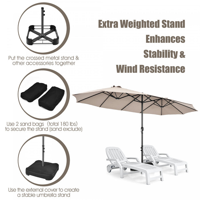 Parasol de patio jumeau double face Costway de 15 pieds, ombrage exterieur, manivelle et base de marche beige
