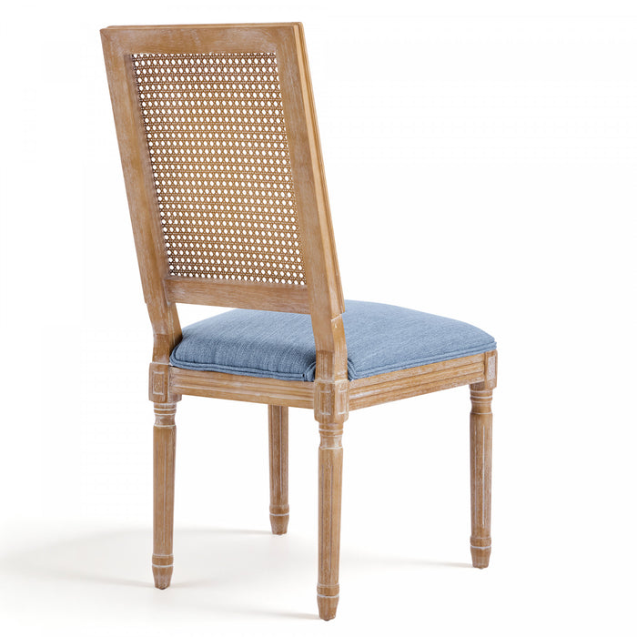 Oliver lot de 2 chaises de salle a manger en bois massif (hevea) avec assise rembourree, dossier en cannage et pieds canneles, bleu