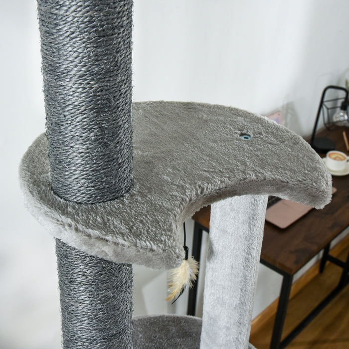 Pawhut 89\"-100\" Arbre A Chat Du Sol Au Plafond Tour D'escalade Pour Chat A 6 Niveaux Reglable En Hauteur Avec Griffoir, Rampe, Condo, Perchoir, Boule De Jouet, Grande Tour Pour Chat, Gris Clair