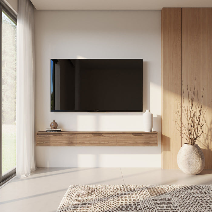 Meuble pour téléviseur mural mince Nordika de 72 po avec 3 armoires de rangement - noyer clair