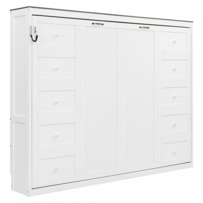 Lit escamotable Olivia en bois massif avec lumiere LED et armoire pliante, taille queen, blanc