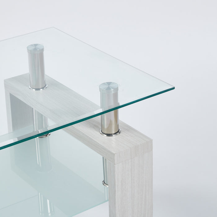 Table basse moderne Lucius au design geometrique en verre trempe avec cadre en metal et verre transparent, blanc