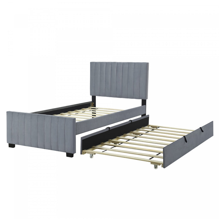 Lit plateforme Ethan rembourre en velours, gain de place, avec tiroir gigogne, taille simple, gris
