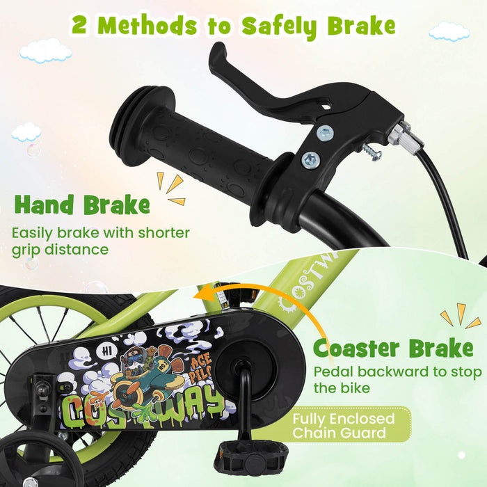 Costway 12\" Velo Pour Enfants Pour 3-4 Avec Guidon Reglable En Hauteur Et Frein A Main En Selle Vert