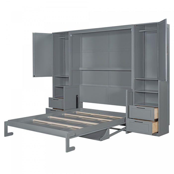 Lit Escamotable Joyce Format Queen Avec Tiroirs Et Etageres - Gris