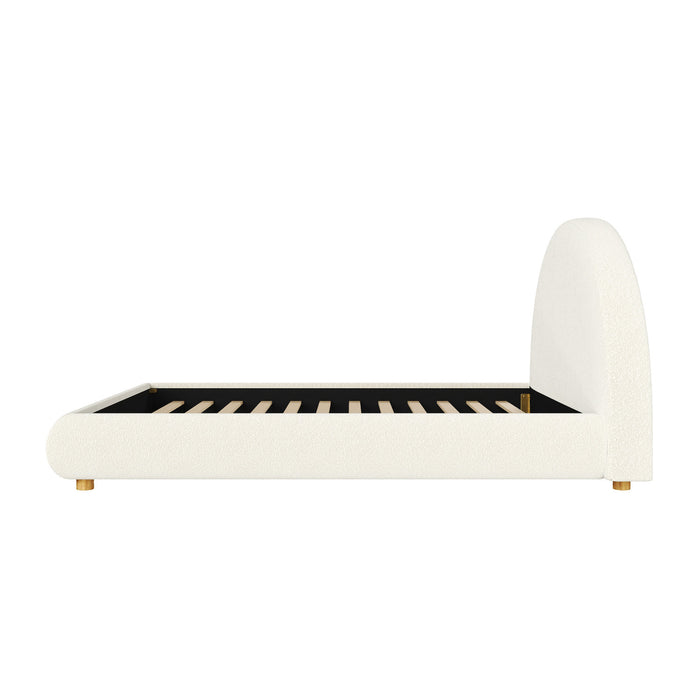 Lit plateforme Harold avec tete de lit incurvee ronde en tapisserie bouclee et cadre bas, taille Queen, blanc