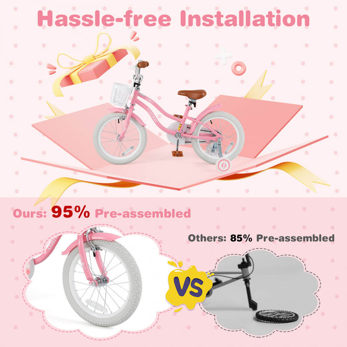 Costway 16\" Enfants Velo Tout-petit Velo Reglable Avec Roue D'entrainement Pour 4-7 Ans Fille Rose