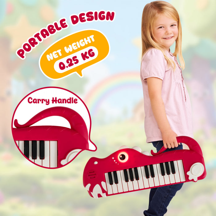 Costway Clavier de Piano pour Enfants 25 Touches en Forme de Dinosaure, Jouet Piano Numerique avec Musique et Lumieres Integrees - Rouge
