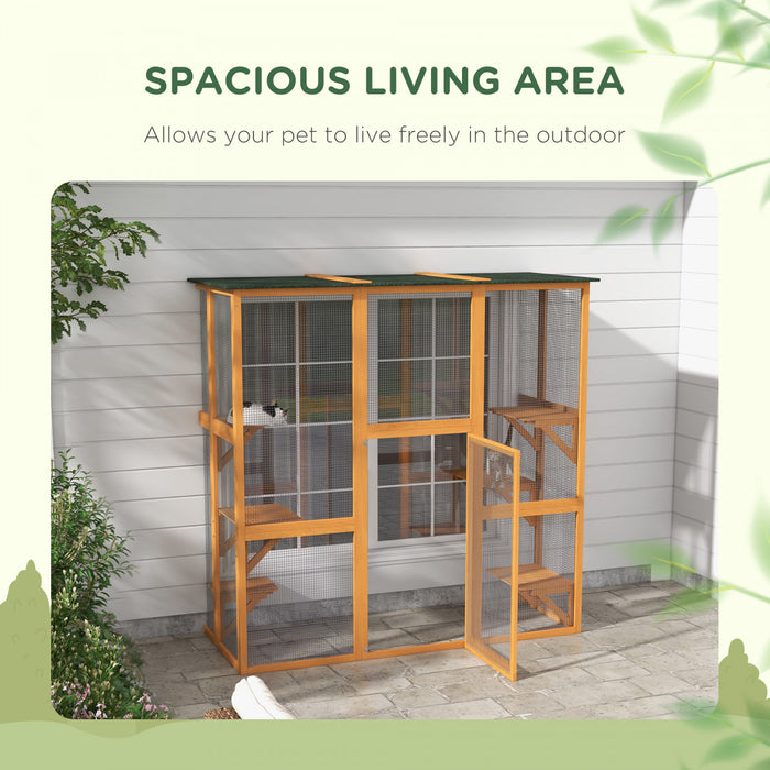 Pawhut Grand Enclos Exterieur Pour Chat, Terrasse En Bois Pour Chat Avec 6 Plates-formes Equilibrees Et Toit En Asphalte, 71\" X 38.5\" X 71\", Orange