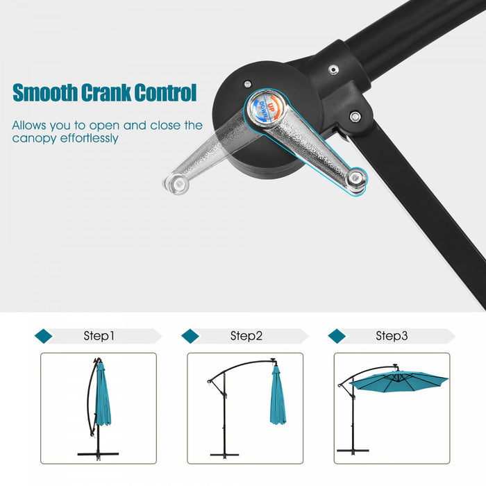 Costway Parasol deporte solaire LED de 10 pieds avec manivelle, 40 lumieres, base turquoise