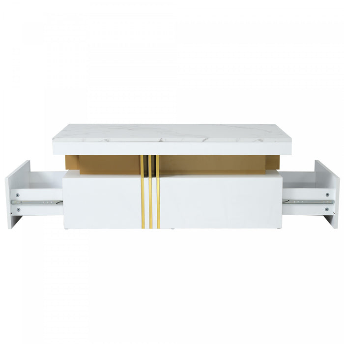 Noah table basse moderne – table avec plateau a motif marbre et tiroirs de rangement, blanc