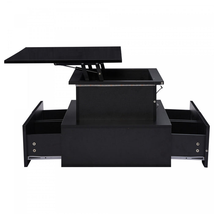 Ethan table basse relevable – table avec eclairage LED et tiroirs de rangement, noir