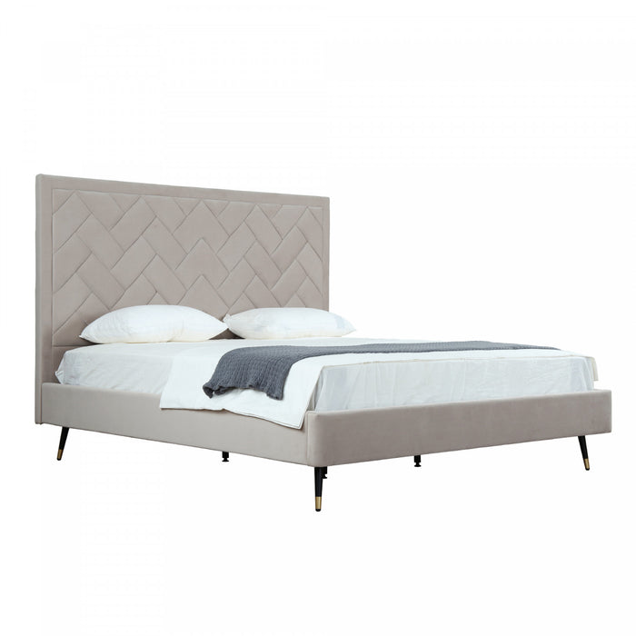 Lit king moderne Crosby en velours capitonne coloris grege