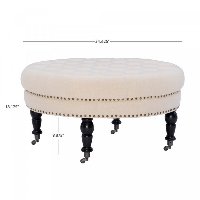 Pouf rond Isabelle capitonné en tissu - naturel