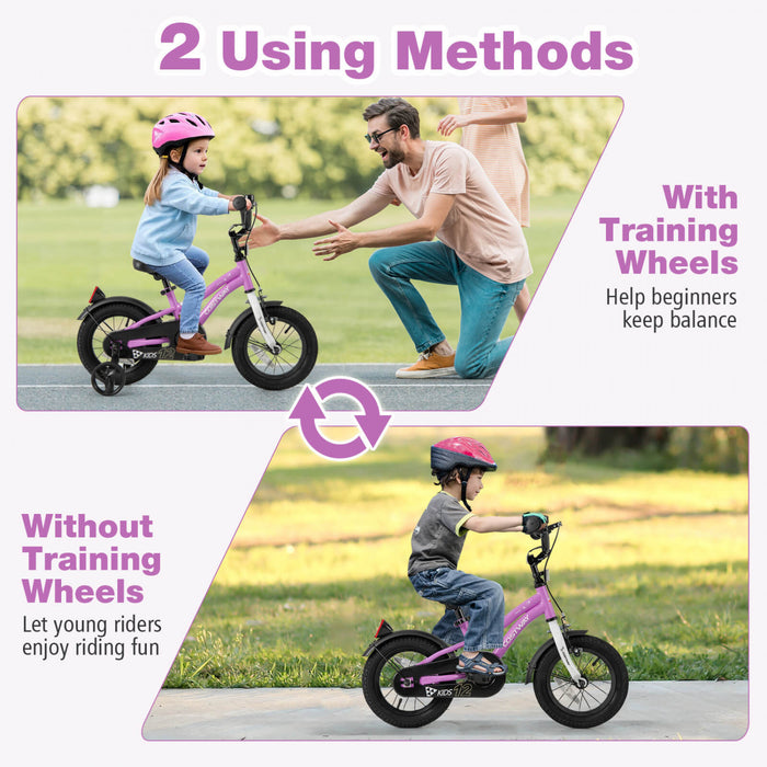 Costway 12\" Velo Pour Enfants Pour Garcons Et Filles De 3 A 4 Ans Avec Reflecteurs De Frein A Main Reglables Violet