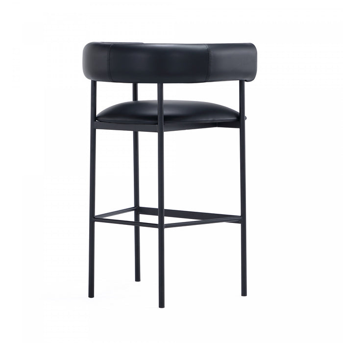 Tabouret de bar contemporain Onda en cuir vegetalien et metal, rembourre, noir