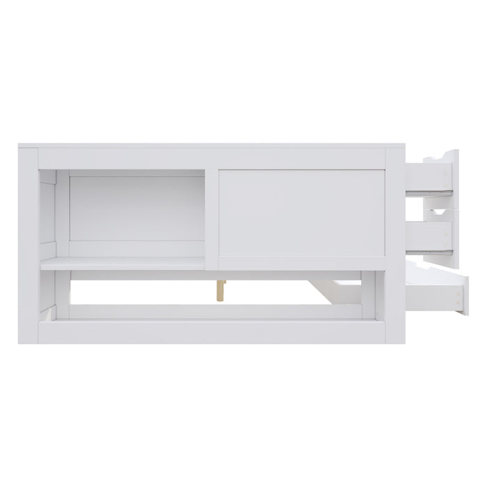 Banquette-lit Mason avec tete de lit de rangement et cadre de lit multifonctionnel avec rangement, taille full, blanc