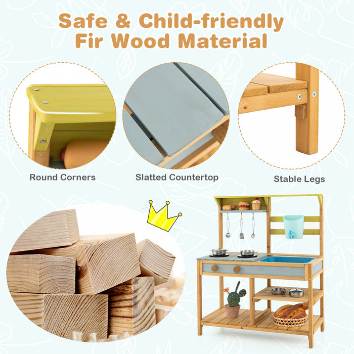 Jeu De Cuisine En Bois Pour Enfant, Cuisine Jouet Pour Enfant, Robinet Et Reservoir A Eau, Evier Amovible, 3 Crochets De Suspension, 1 Etagere Amovible, 2 Etageres Fixes, Pour Les +3 Ans