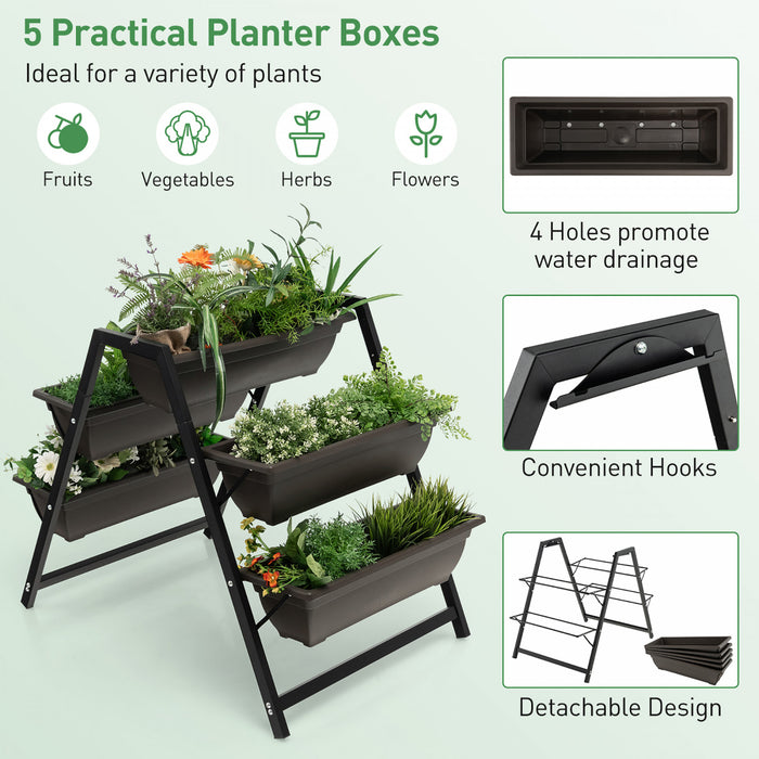 Support De Fleurs D’echelle, Rack A Plantes Avec Pots De Fleurs, Etagere A Fleurs Avec 5 Pots, Charge Maximale 25 Kg, Cadre Robuste En Fer, Ideal Pour Balcon, Jardin, 91 X 65 X 79 Cm