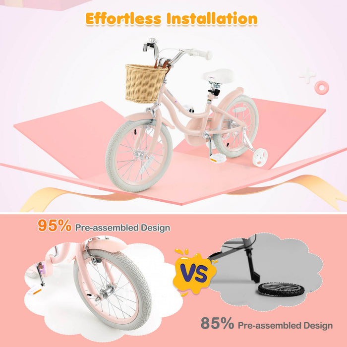 Costway 16\" Velo Enfant Avec Roues D'entrainement Reglable Guidon Siege Frein A Main Rose