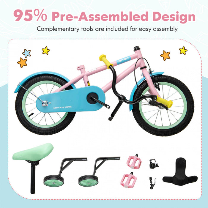 Costway 14\" Velo Pour Enfants Avec Guidon Reglable De Selle Roues D'entrainement Amovibles Frein A Main Rose
